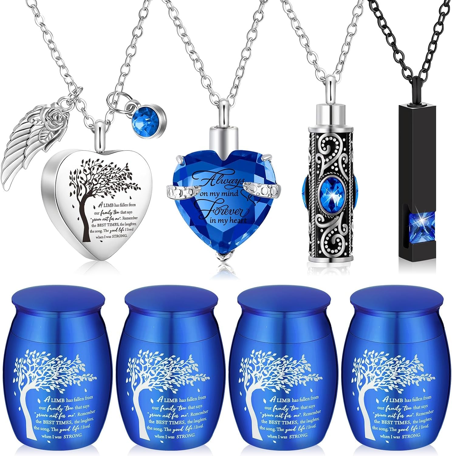 Elegant Set of 8 Small Cremation Urns for Ashes - Waterproof Keepsake Necklaces with Heart Locket in Dark Blue
