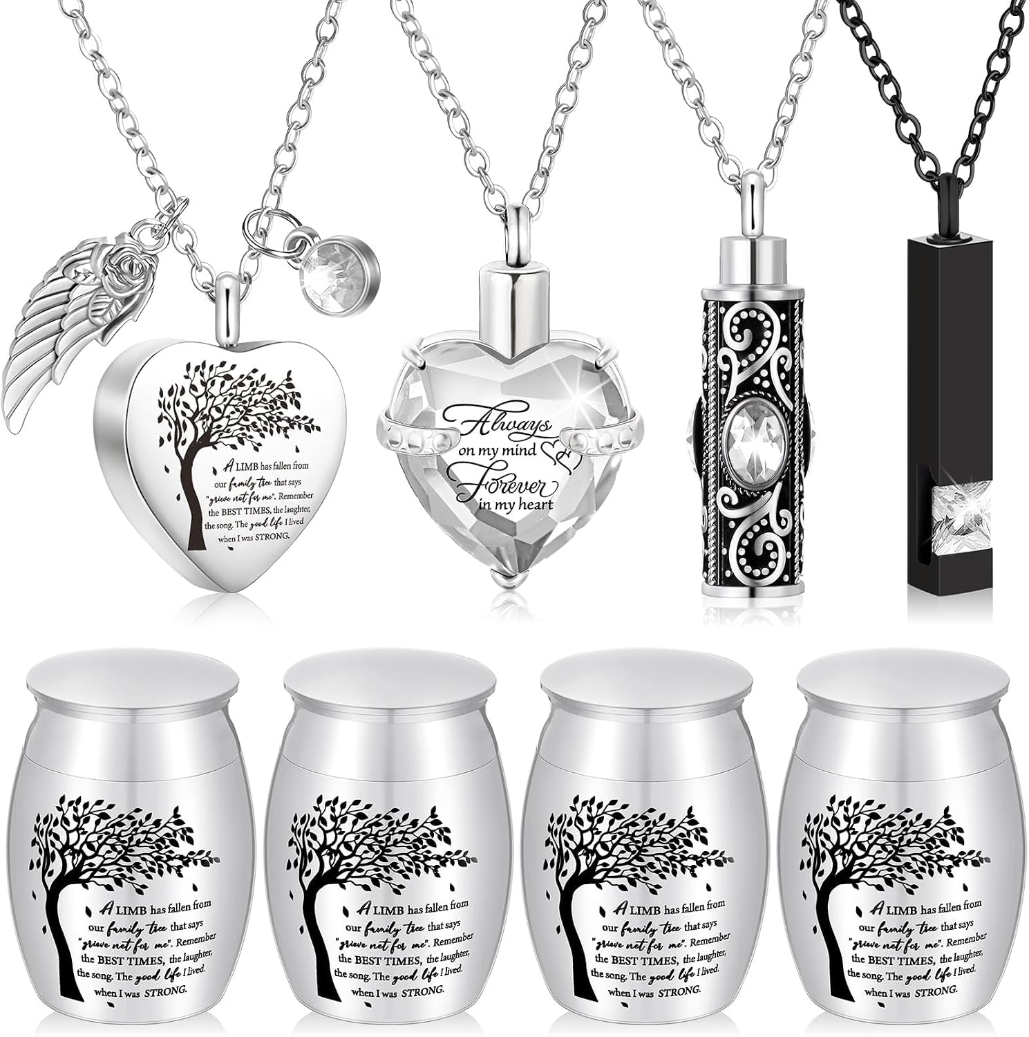 Elegant Set of 8 Small Cremation Urns for Ashes - Waterproof Keepsake Necklaces with Heart Locket in Dark Blue