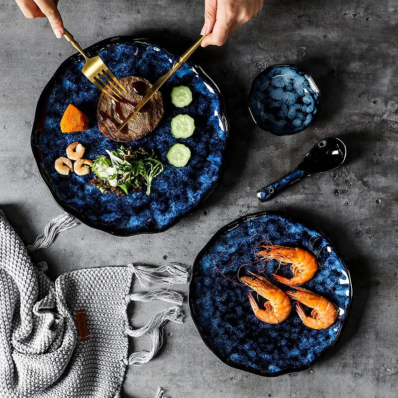 Ceramic Dinnerware Set - Blue Japanese Retro Kiln-Changed Plates and Bowls