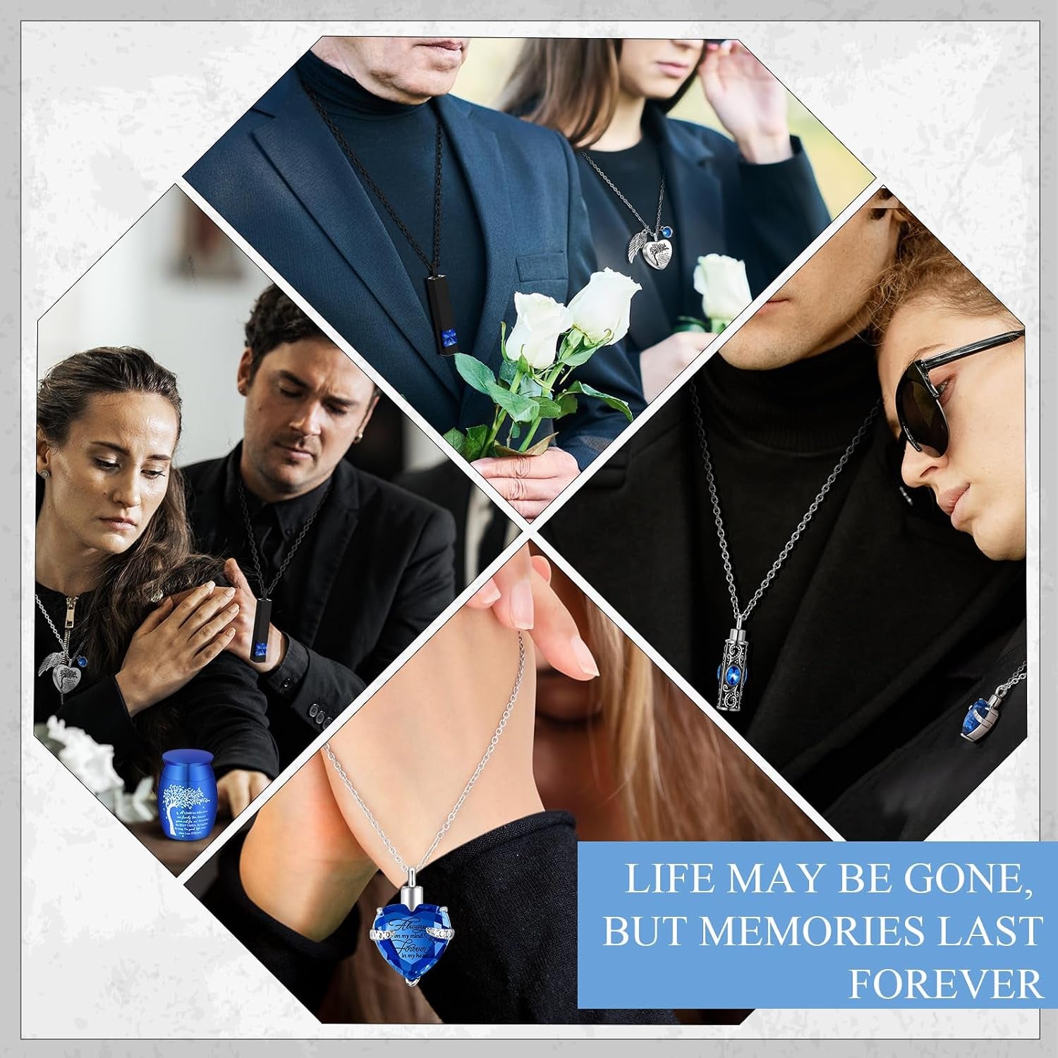 Elegant Set of 8 Small Cremation Urns for Ashes - Waterproof Keepsake Necklaces with Heart Locket in Dark Blue