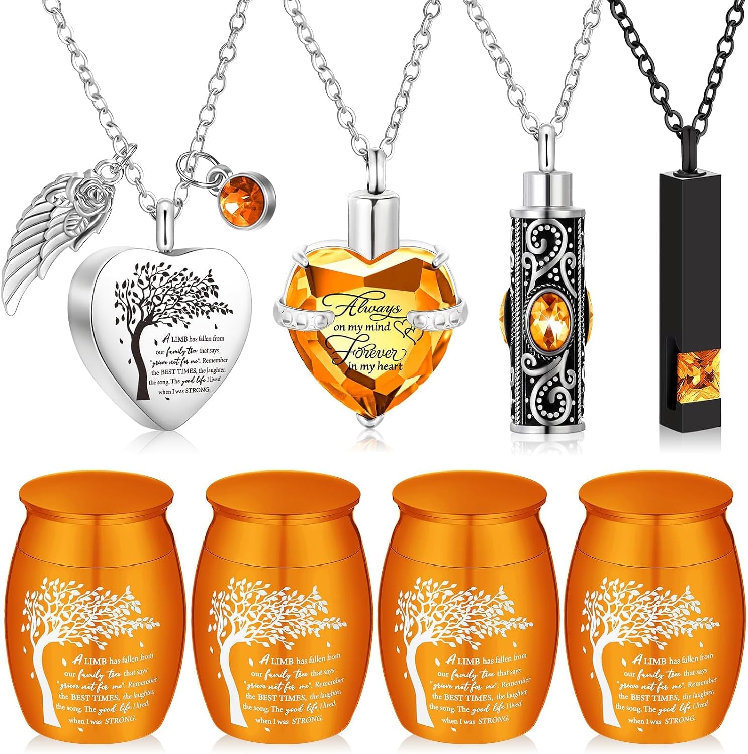 Elegant Set of 8 Small Cremation Urns for Ashes - Waterproof Keepsake Necklaces with Heart Locket in Dark Blue